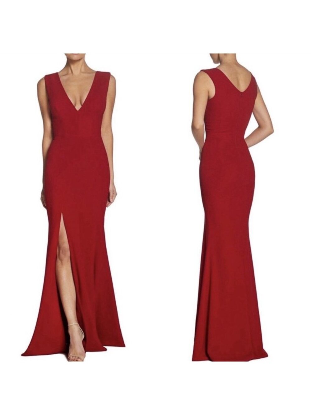 Dress The Population Sandra Gown Garnet Red Crepe Sz M Deep V Neckline Leg Slit